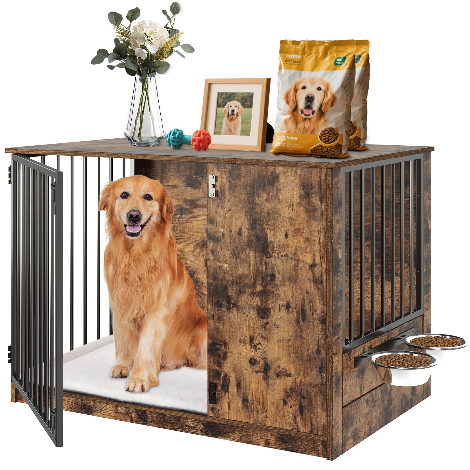 TBWIND Dog Crate Furniture with Cushion for Large Dogs, 36" Indoor Wooden Dog Kennel with 270° Swivel Door, 360° Rotating Feeder, Decorative Heavy Duty Dog House with Double Locks & Bowls, Rustic Brown